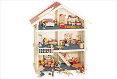 51957 Maison de poupée en bois, 65 x 35 x 87,5 cm – Grande maison de poupée en bois, 3 étages, design ouvert, toit rouge, escaliers et balcon pour jeux de rôle créatifs, monde de jeu de maison de poupée