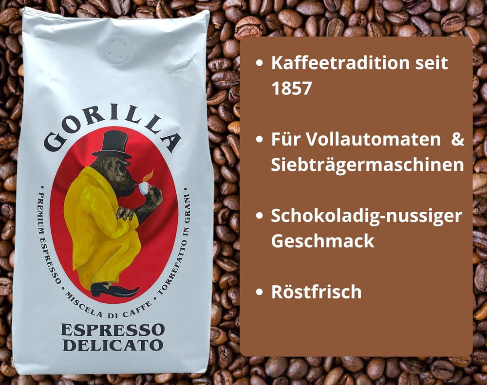 Set de degustare Gorilla Coffee & Espresso 5 x 1000g | Gorilla: Super Bar Crema, Coffee House Blend, Delicato, Café Creme, Super Bar | + Produse de patiserie Jassas