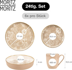 Moritz & Moritz MARIELLA Service de table en grès pour 6 personnes, 24 pièces - Vaisselle beige moderne au design ludique, service à café facile d'entretien avec assiettes, bols et tasses - Service combiné
