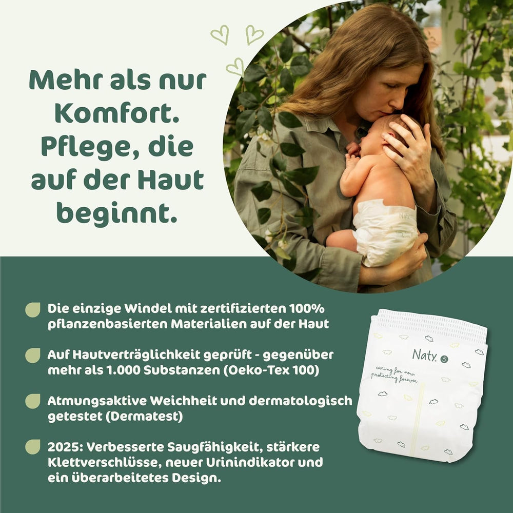 Couches pour bébé Naty BioEmbrace, taille 5 (11 à 25 kg) | Matières 100% végétales, douces pour la peau | Douceur respirante, testée dermatologiquement, excellente absorption | 80 pièces.