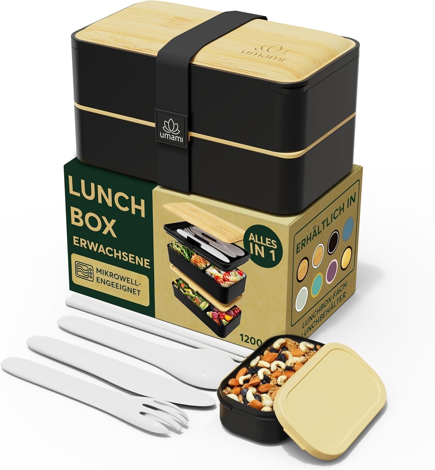 Umami Boîte à Lunch pour Adultes, Boîte à Bento Empilable avec 4 Couverts et Compartiments, Boîte à Lunch Adulte, Récipient à Salade à Emporter, Boîte à Lunch Pique-Nique/Bureau, Gris Charbon, 1500 ML Naty Shop Boîtes de Conservation des Aliments Noir Beige L - 1200 Ml