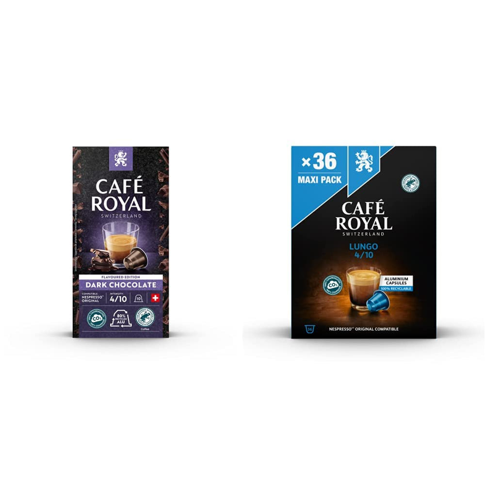 Café Royal Dark Chocolate Flavored 100 capsules pour machine à café Nespresso - 4/10 intensité - certifié UTZ, en aluminium et Lungo 36 capsules pour machine à café Nespresso - 4/10 intensité