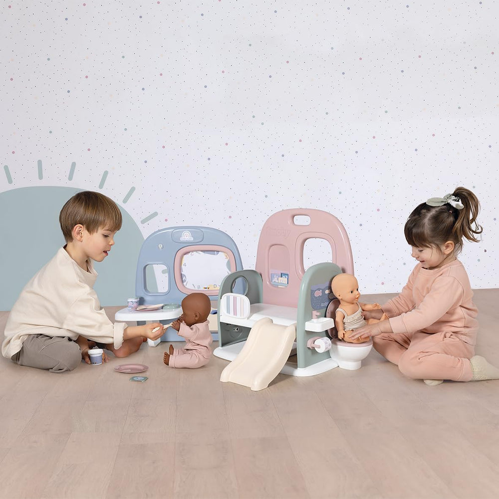 Smoby - Puériculture Chambre de poupées - Centre de jeux pour poupées Crèche + Maternelle Vie quotidienne - Aire de jeu pliable avec rotation à 360° - 6 accessoires - Fabriqué à 90% de matières recyclées en France, dès 3 ans