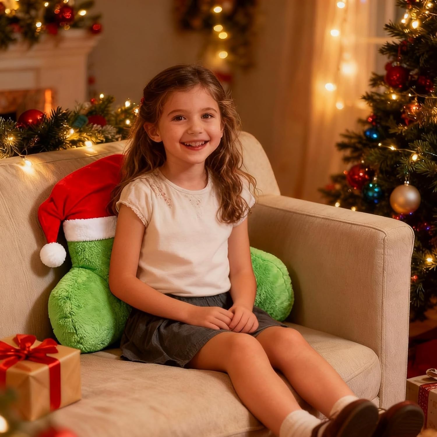 Pernă de citit yumcute Grin-ch 40 cm, pernă decorativă și pufoasă de Crăciun pentru pat și canapea, pernă ortopedică pentru spate cu brațe, cadou pentru adulți și copii, decorațiune de Crăciun