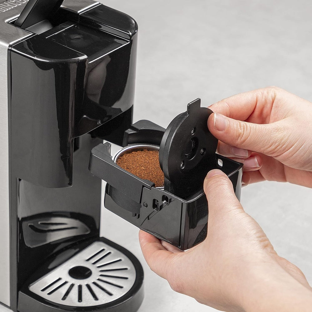 Machine à expresso multicapsules Princess 5 en 1 – Compatible avec Nespresso, Dolce Gusto, Lavazza a Modo Mio et ESE Pads, capacité 0,8 L, 1450 W, argent, noir