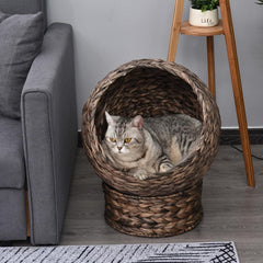 PawHut Rattan Katzenkorb Katzenhöhle Katzenhütte Katzenbett mit Kissen Haustierbett Wasserhyazinthe Kaffee 50 x 42 x 60 cm