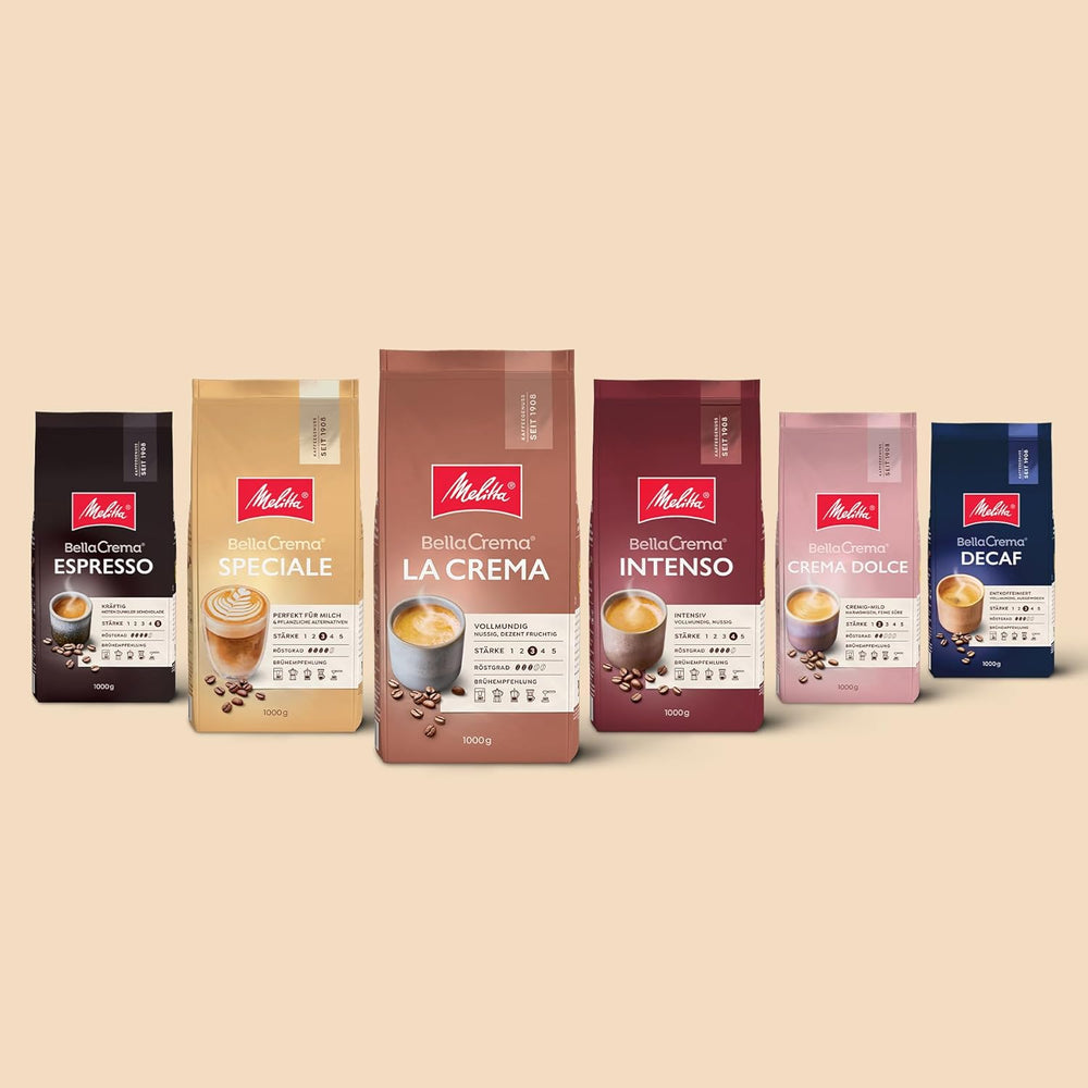 Melitta BellaCrema Lot de 4 grains de café décaféinés non moulus pour machines à café entièrement automatiques, torréfaction légère, torréfaction allemande, 3 forces, 1 kg