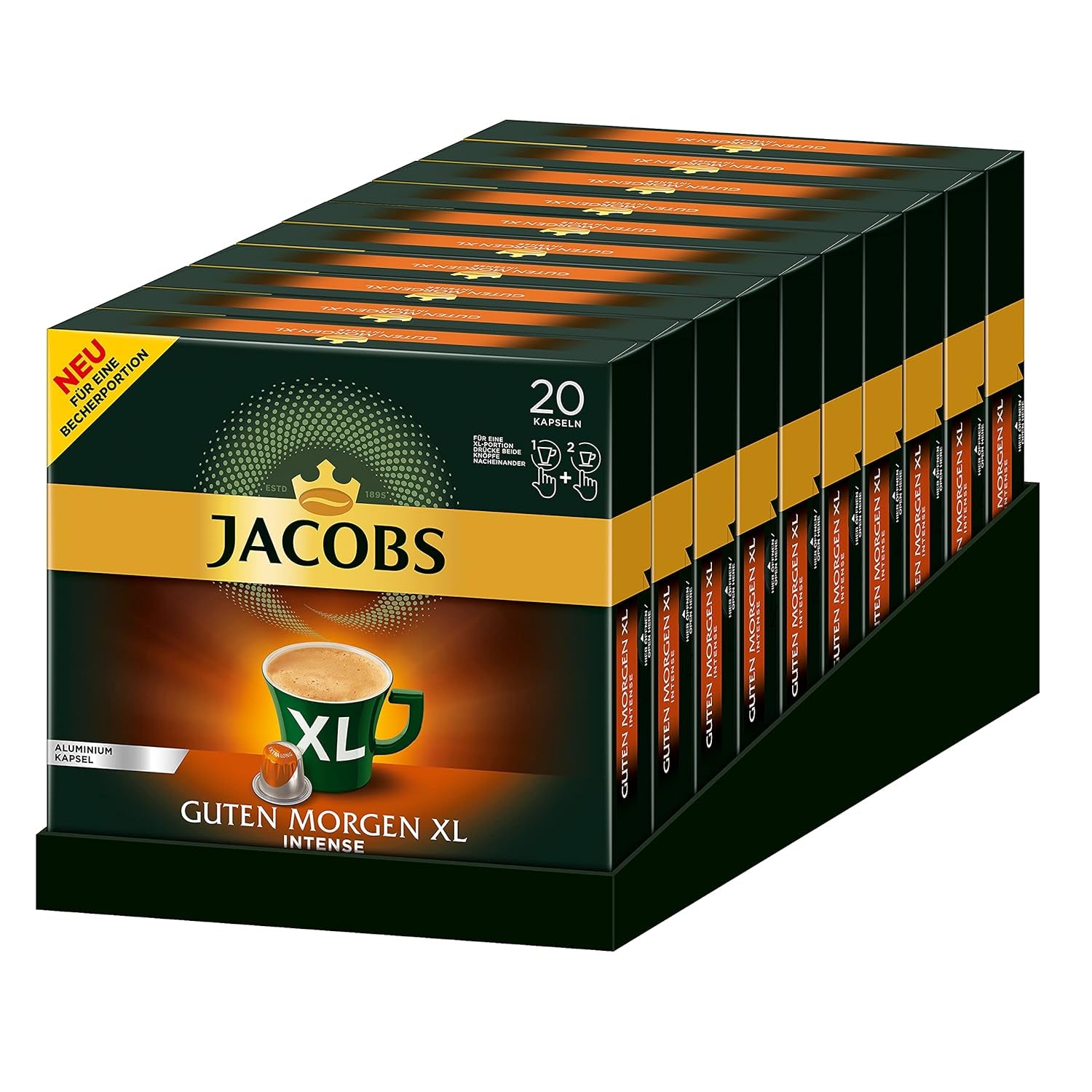 Jacobs Kaffeekapseln Guten Morgen XL Intense - 10er Pack (10 x 20 Getränke) & Kaffeekapseln Lungo Decaffeinato - Intensität 6- 200 Nespresso compatible Kapseln, 10er Pack, 10 x 20 Getränke