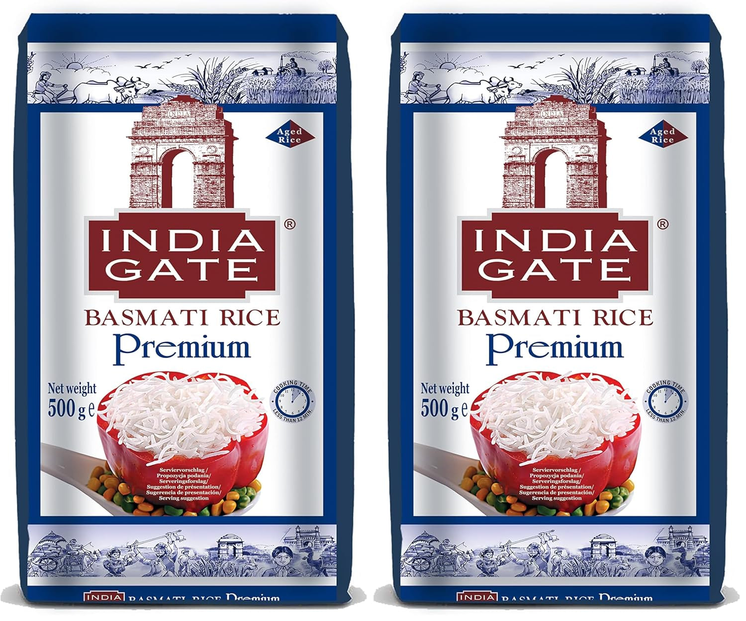 INDIA GATE Premium Basmati Rice – Riz aromatique et fin à grains longs d'Inde, grains longs fins (1 x 500 g)