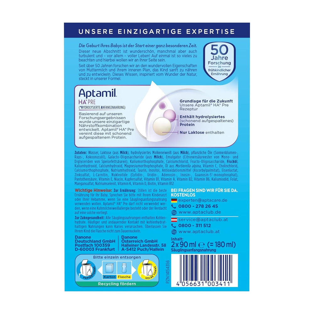 Aptamil HA Pre Ready to Drink – Lapte hidrolizat pentru sugari de la naștere – 4 x 2 x 90 ml