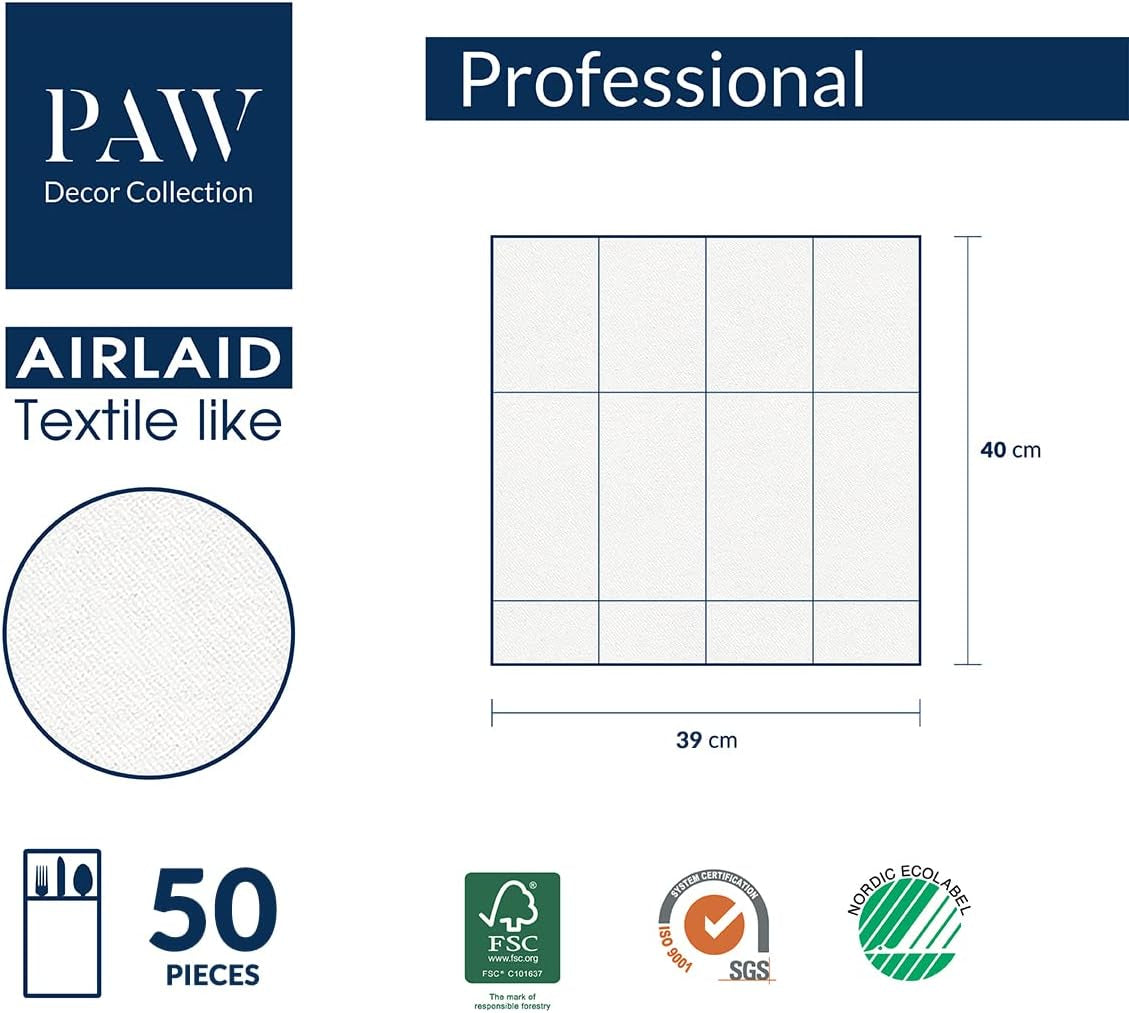 PAW - Șervețele pentru tacâmuri Airlaid - Fabric-like (39 X 40 Cm 1/8 fold) | 50 bucăți | Horeca | Ideal pentru nuntă, botez, comuniune, aniversare | Buzunare pentru tacâmuri | Gri