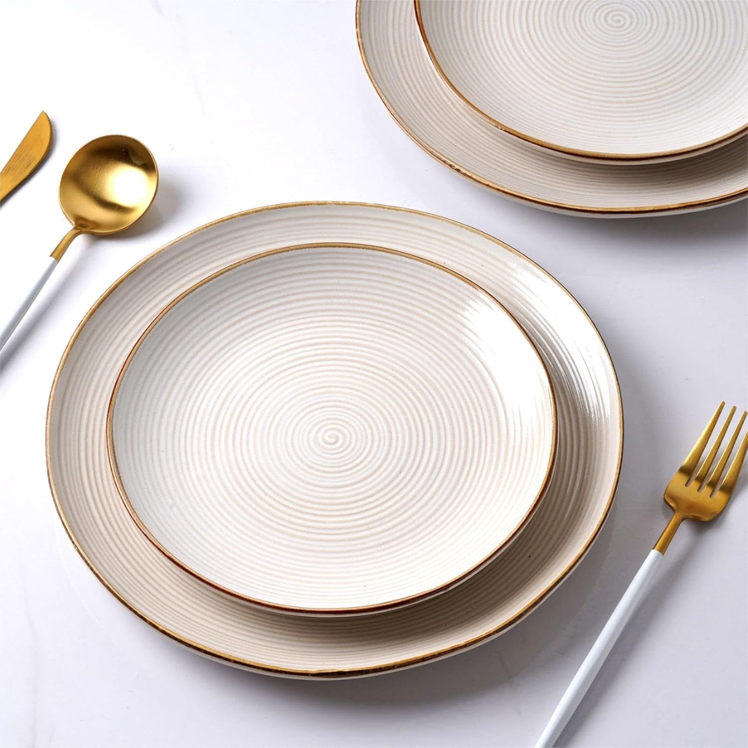 Service de table de la série Tempus, service de table pour 6 personnes, service de table en grès, service de table 18 pièces, vernis réactif, passe au micro-ondes et au lave-vaisselle, blanc antique