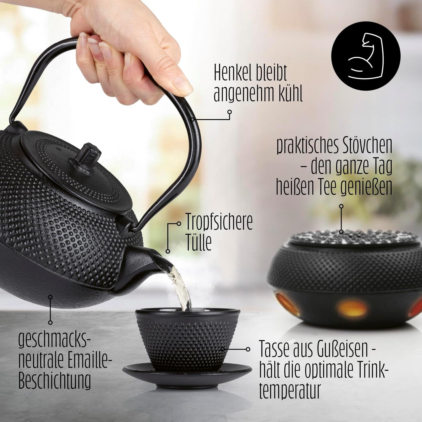 Service à thé Lumaland 8 pièces | Théière en fonte Tetsubin de 1,4 litre | Chauffage en fonte | 2 tasses à thé et 2 soucoupes | Service à thé japonais comprenant une cuillère doseuse en bambou et un infuseur en acier inoxydable