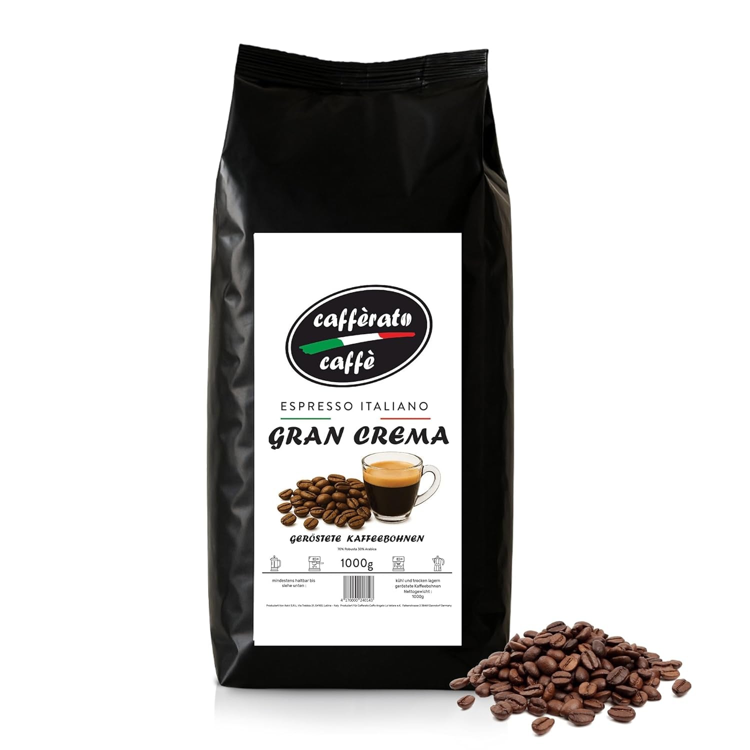 Cafferato Caffè Gran Crema – 1 kg de café en grains | Expresso italien | Faible acidité, avec des notes de noix et de chocolat | Grains entiers pour expresso et café de spécialité | Avec valve de saveur