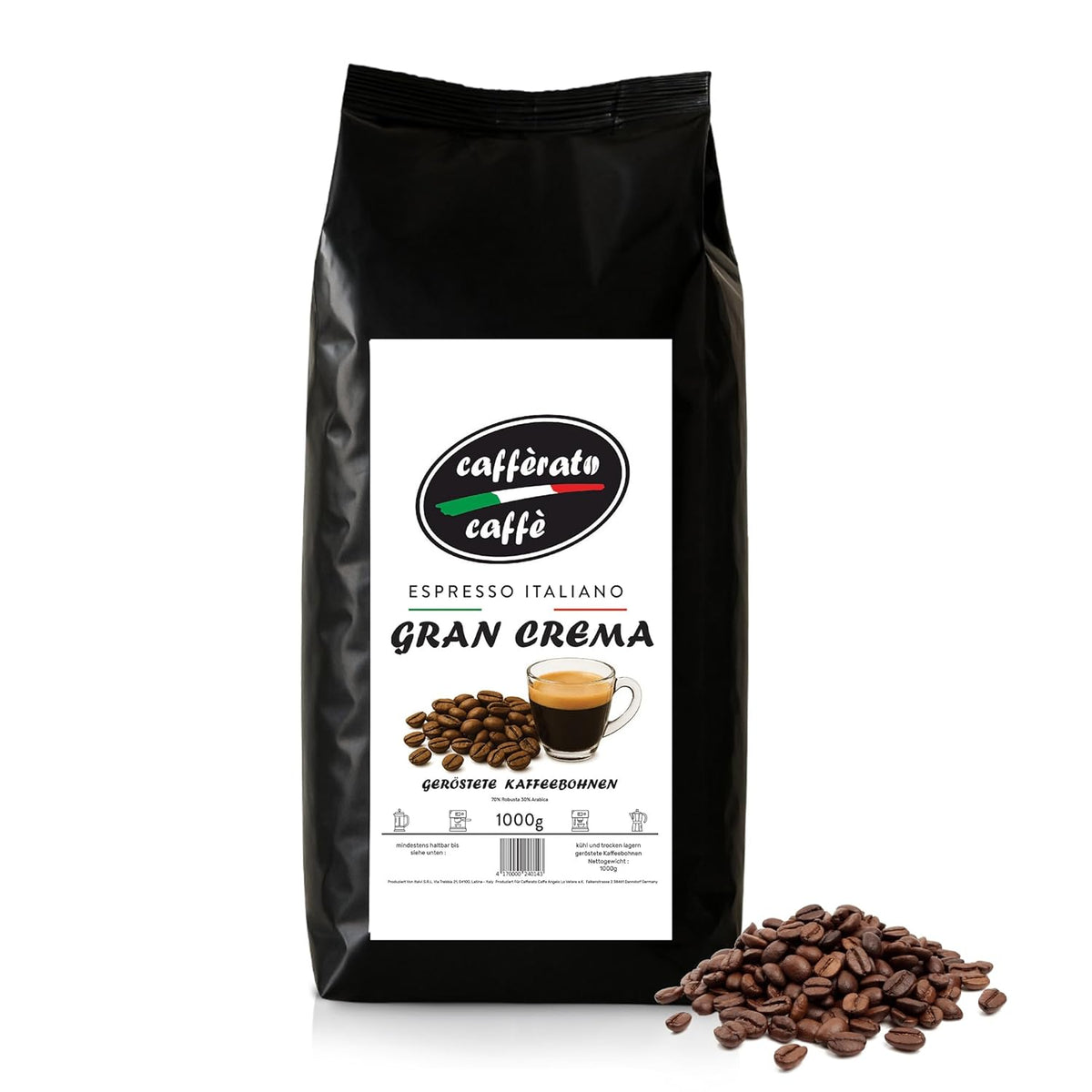Cafferato Caffè Gran Crema – 1 kg de café en grains | Expresso italien | Faible acidité, avec des notes de noix et de chocolat | Grains entiers pour expresso et café de spécialité | Avec valve de saveur