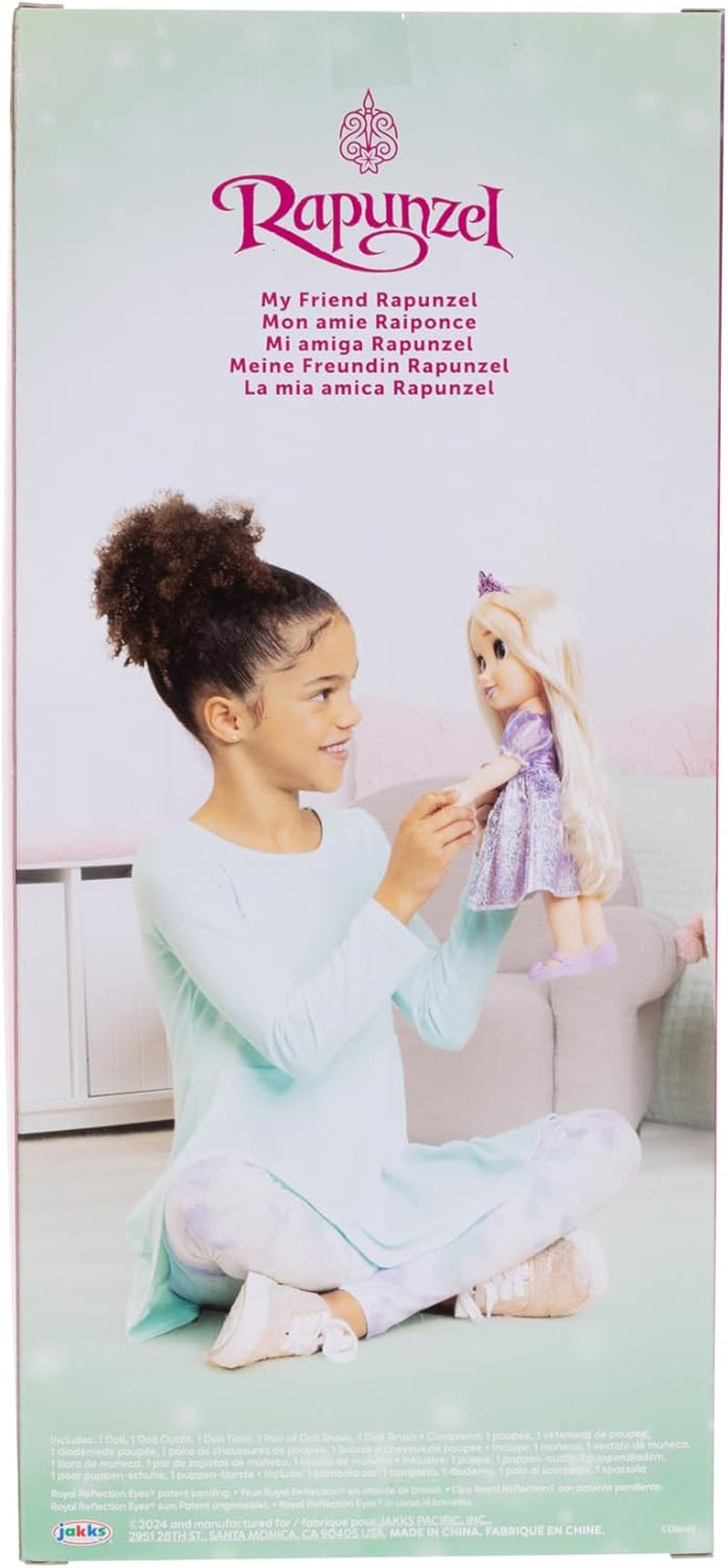 Disney Princess Rapunzel Puppe 35cm, reflektierende Glitzeraugen, bewegliche Gelenke, ausziehbares Kleid, Schuhe, Krone, langes Blondes Haar, für Mädchen ab 3 Jahren