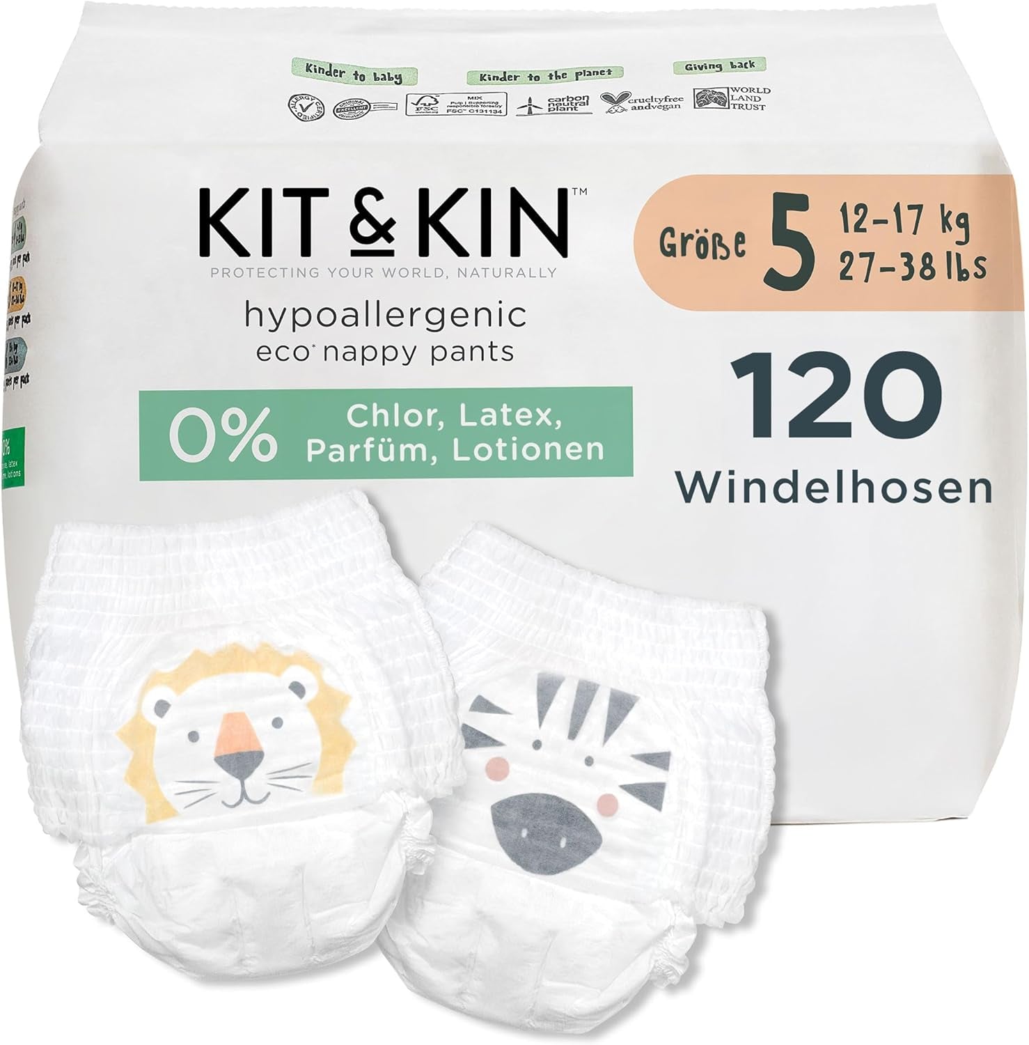 Kit & Kin Premium Eco Couches, taille 4 (9-16 kg), 132 couches, à base de plantes et hypoallergéniques, protection fiable contre les fuites, végétaliennes et sans cruauté envers les animaux