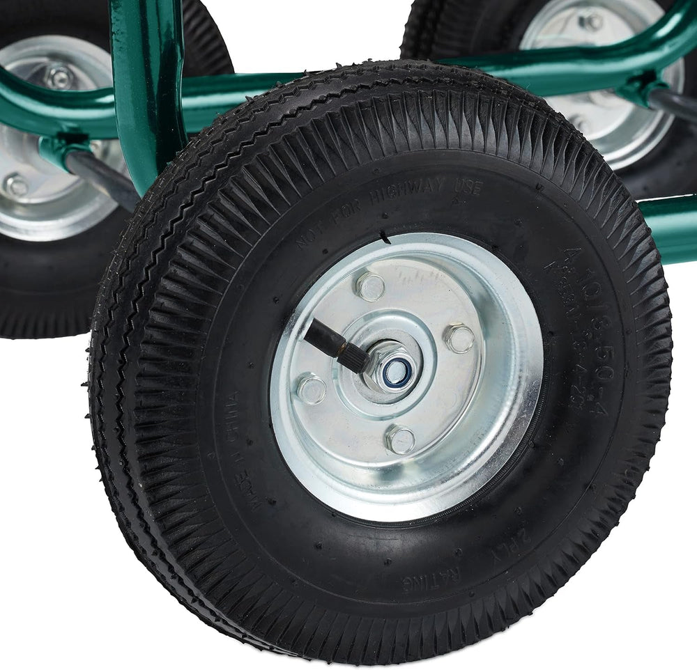 Dévidoir Relaxdays, jusqu'à 90 m, 4 pneumatiques, raccord à clic, enrouleur de tuyau en métal, distributeur de tuyau avec panier, vert