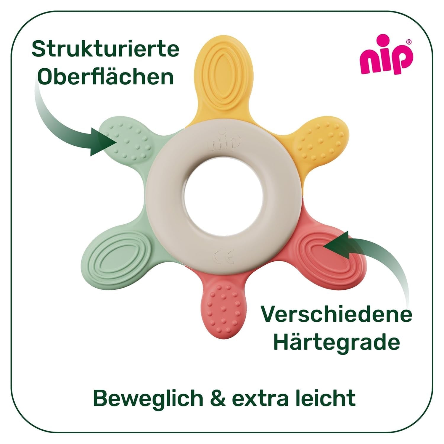 pincement – ​​Anneau de dentition | Anneau de dentition durable pour bébés à partir de 3 mois, composé à plus de 65 % de matières premières naturelles. Pour un massage doux des gencives, de la langue et des dents | Rouge/Vert/Orange