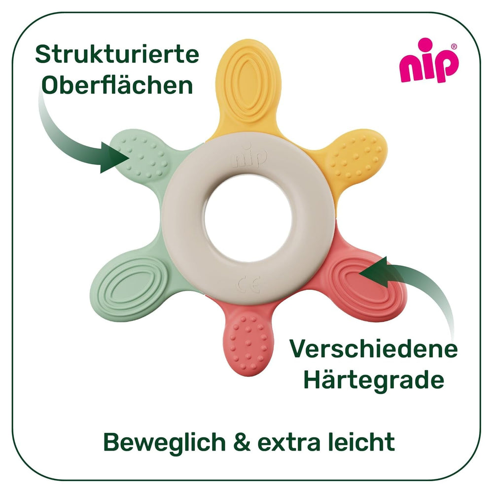 pincement – ​​Anneau de dentition | Anneau de dentition durable pour bébés à partir de 3 mois, composé à plus de 65 % de matières premières naturelles. Pour un massage doux des gencives, de la langue et des dents | Rouge/Vert/Orange