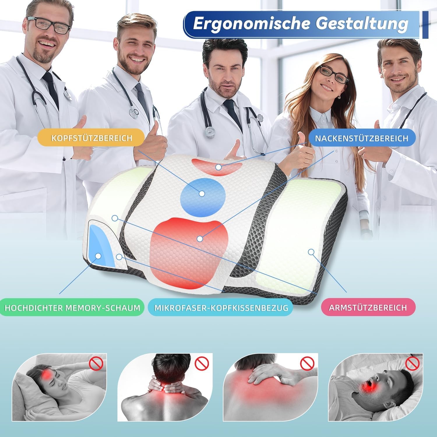 Oreiller orthopédique, oreiller cervical ergonomique, oreiller de tête, oreiller original en mousse à mémoire de forme pour les côtés, le dos et le ventre, oreiller de soutien du cou pour hommes, femmes (67,3 x 38,2 x 13,8/3 cm) Oreillers orthopédiques cervicaux Naty Shop