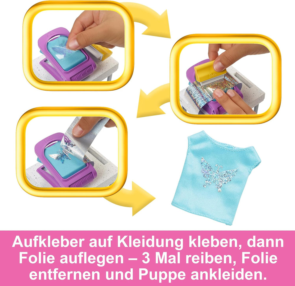 Barbie Fashion Boutique Playset – Poupée à motif aluminium, plus de 150 looks originaux, comprend 2 chemisiers et 5 feuilles aluminium, un portant et un lecteur de cartes de crédit, à partir de 3 ans, HKT78