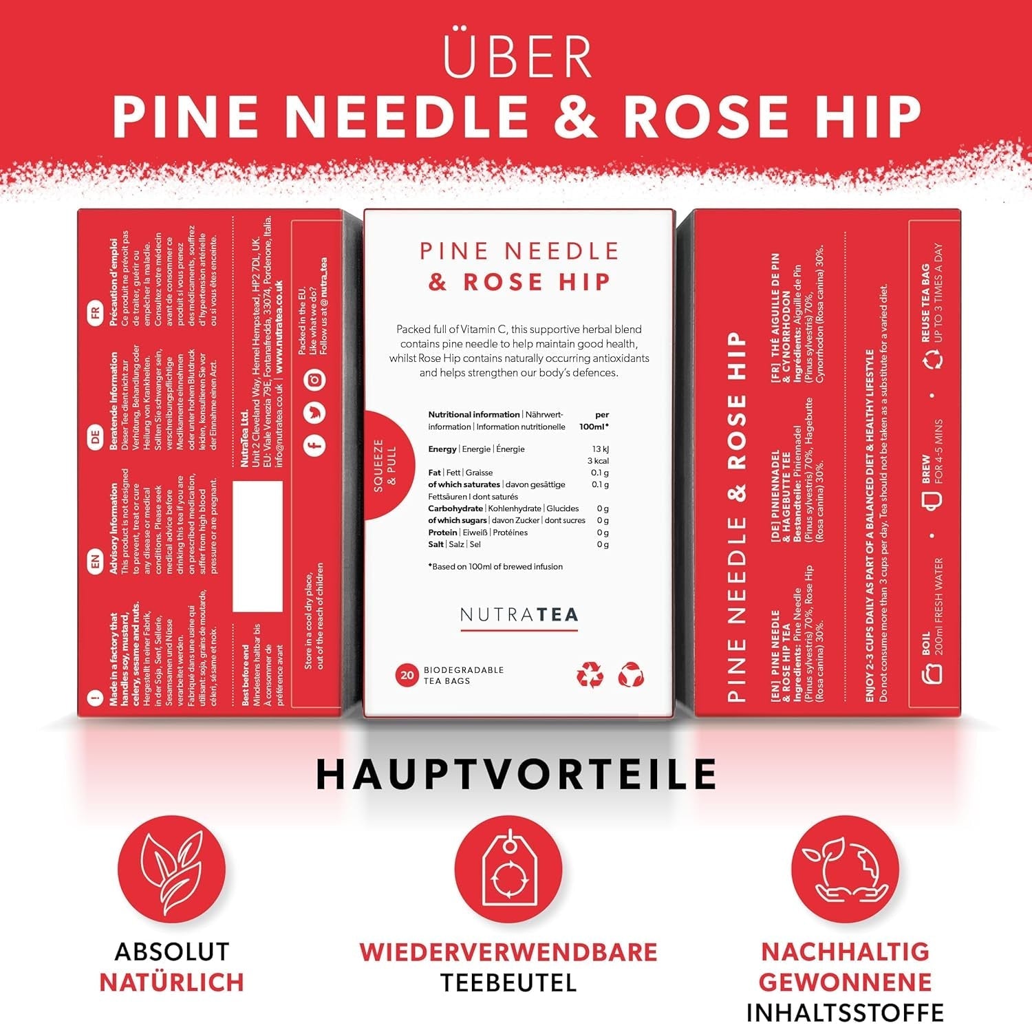 Nutra Tea Rose Musquée & Aiguilles de Pin, le thé aux aiguilles de pin contribue à renforcer le système immunitaire naturel du corps, à maintenir la fonction des reins et de la vessie, 20 sachets de thé réutilisables, thé à la rose musquée