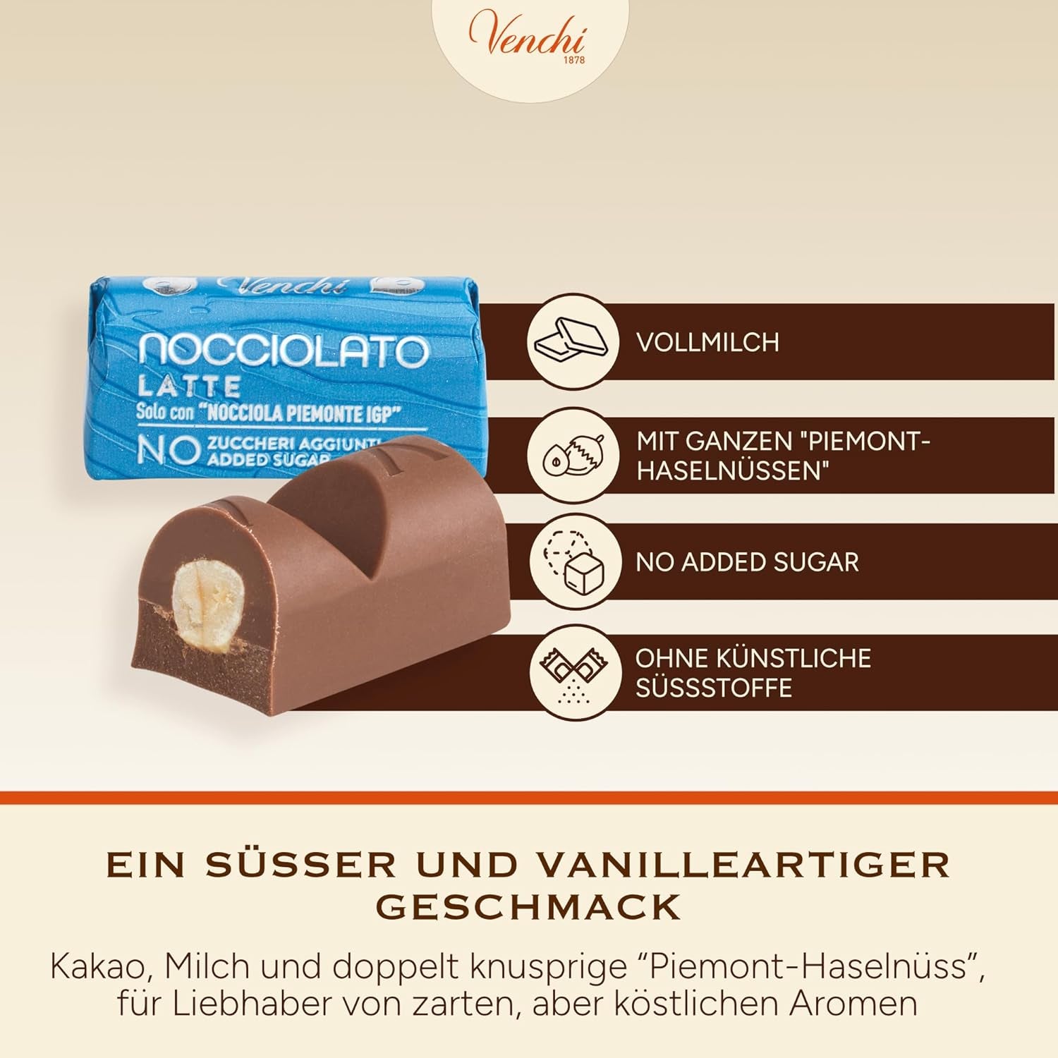 Venchi - Tablettes de chocolat au lait et noisettes - 70% sucre - Pralines aux noisettes entières du Piémont IGP, 1 kg - Sans gluten