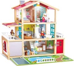Hape Doll's Villa Maison de poupée en bois de 10 pièces, jeu de rôle créatif comprenant des meubles et des accessoires, jouet éducatif pour 3 ans et plus