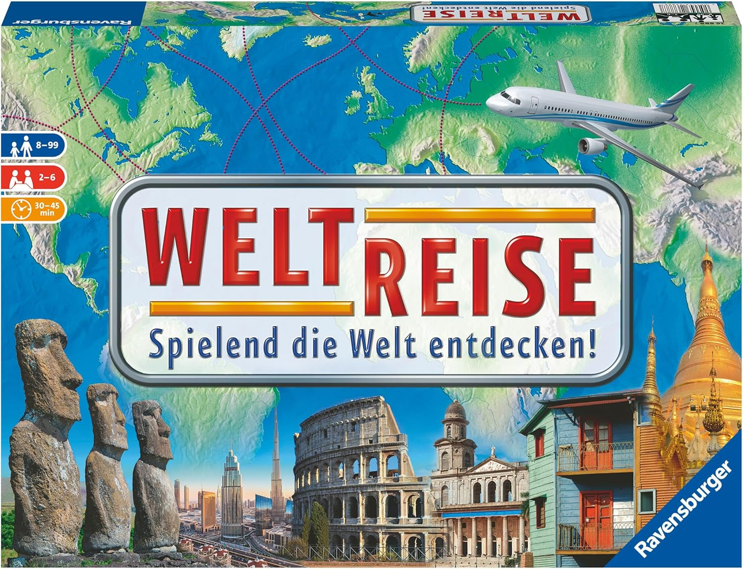 Ravensburger Family Game 26888 - World Tour - Classique pour les familles à partir de 8 ans - Jeu de société, voyage dans le monde, jeu de société pour jusqu'à 6 joueurs - 170+ villes
