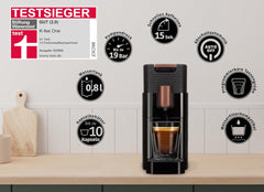 Machine à expresso avec capsules K-FEE ONE pour café, thé et cacao | Expresso compact | Chauffage rapide | Réservoir d'eau de 0,8 l | 19 barres | Cuivre noir | Gagnant du test Stiftung Warentest 2023