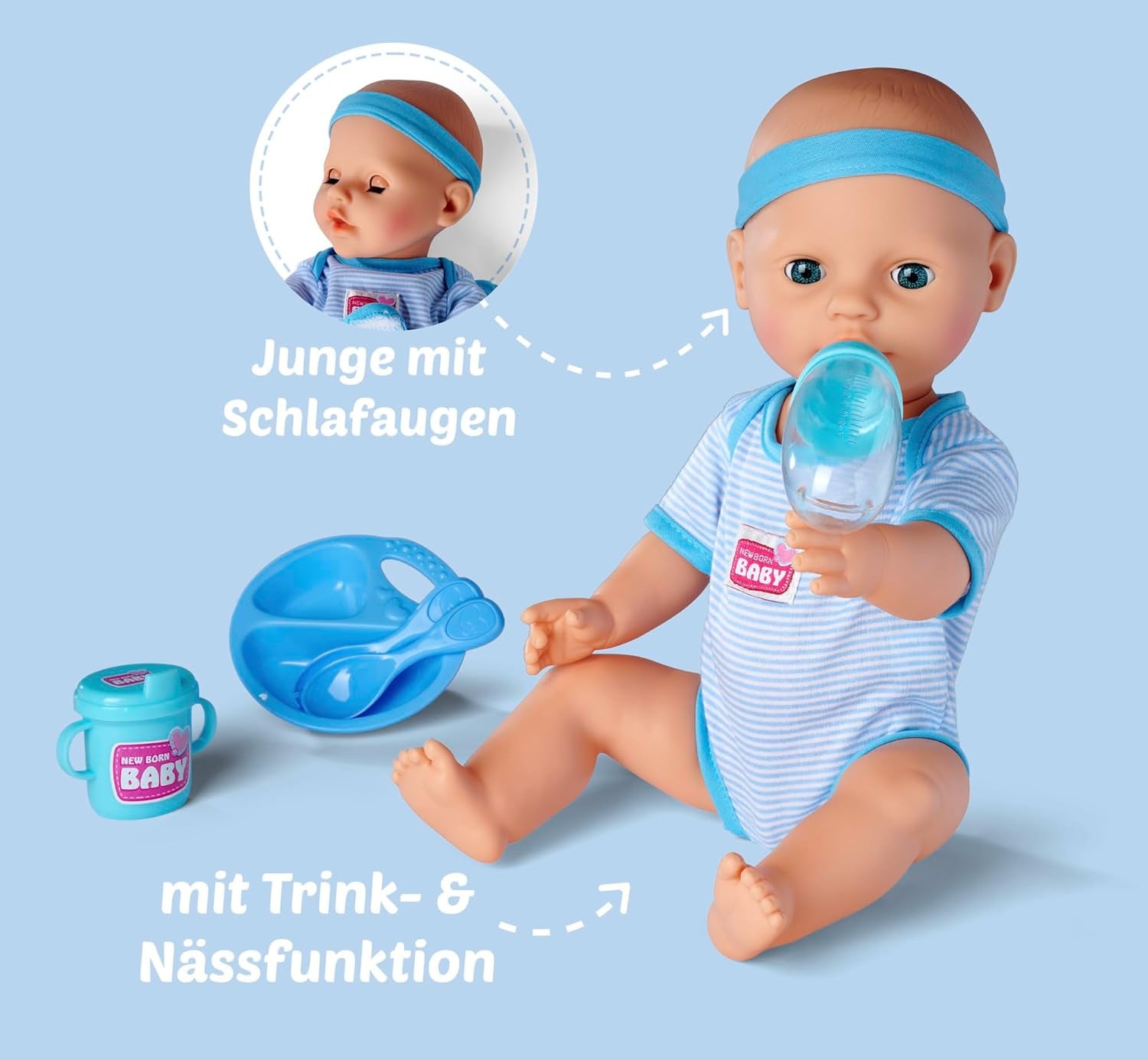 Simba 105030044 - Poupée nouveau-né - Garçon, poupée entièrement en vinyle avec yeux endormis, fonction boire et mouiller et accessoires, 8 pièces, 43 cm, poupée bébé, à partir de 3 ans