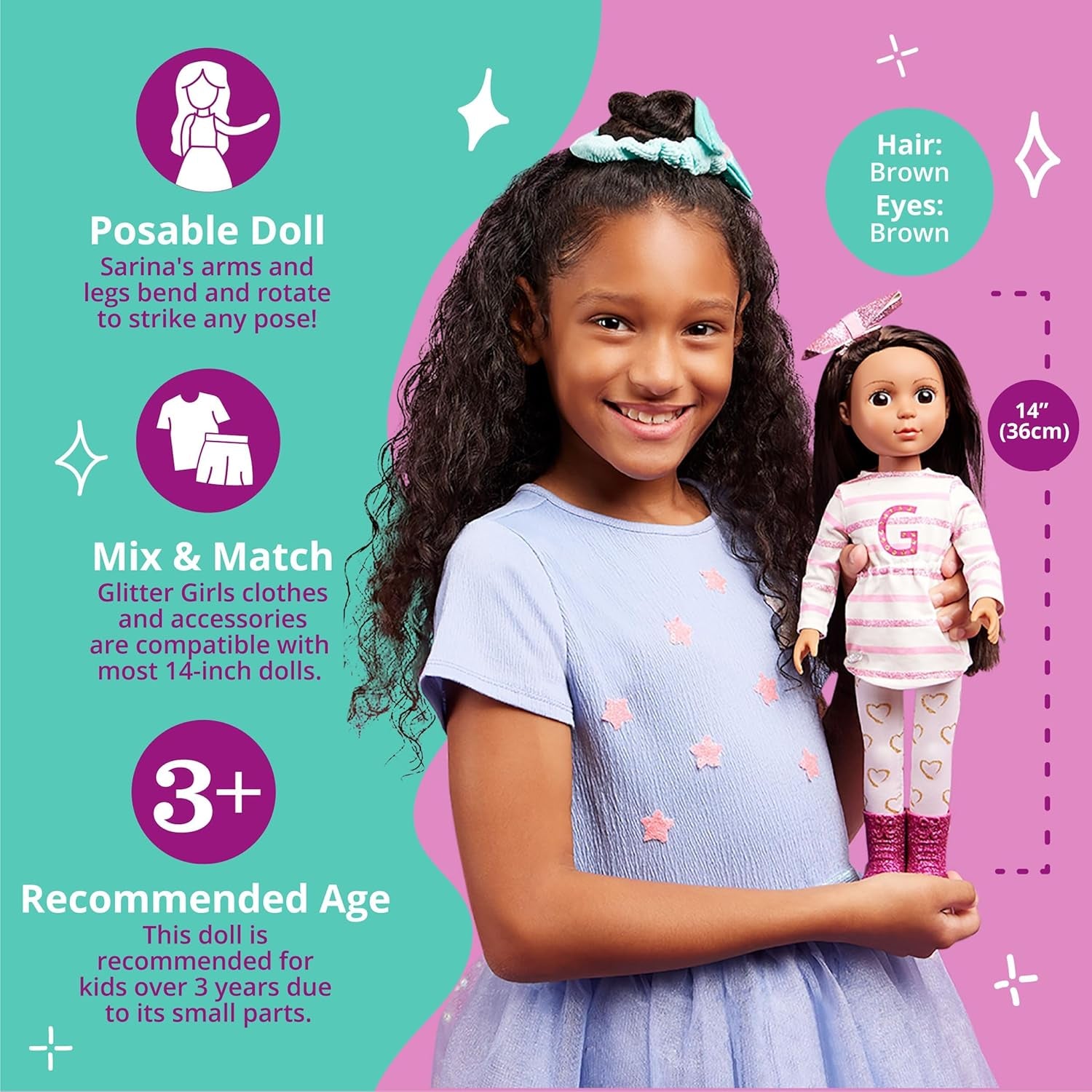 Glitter Girls - Sarinia - Poupée Mannequin Articulée 36 cm - Cheveux Raides Marron et Yeux Marron - Tunique Rayée et Bottes à Paillettes - 3 Ans +