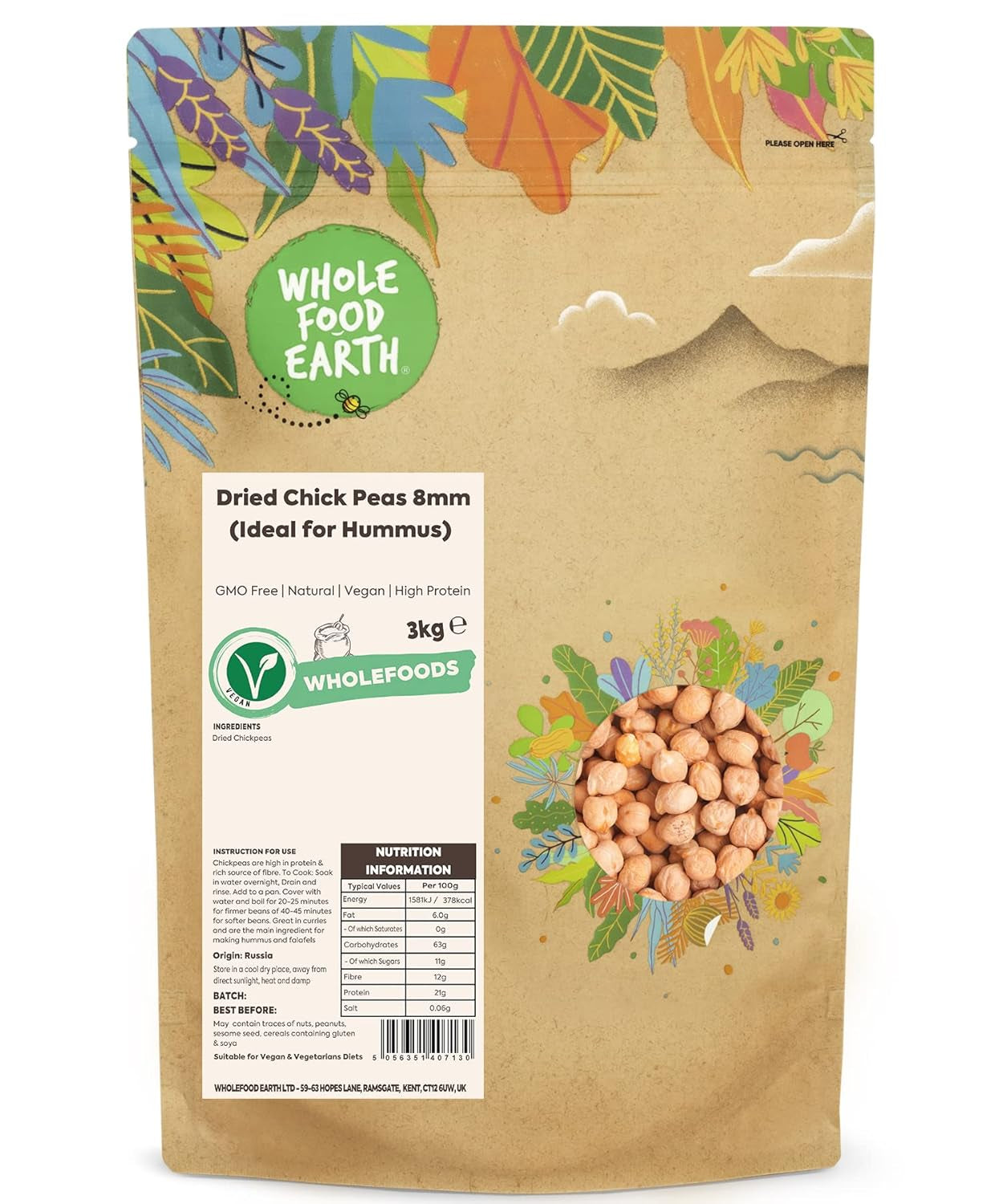 Pois chiches Wholefood Earth, 8 mm (idéal pour le houmous), sans OGM, naturels, végétaliens, sans produits laitiers, sans sucre ajouté, 2 kg