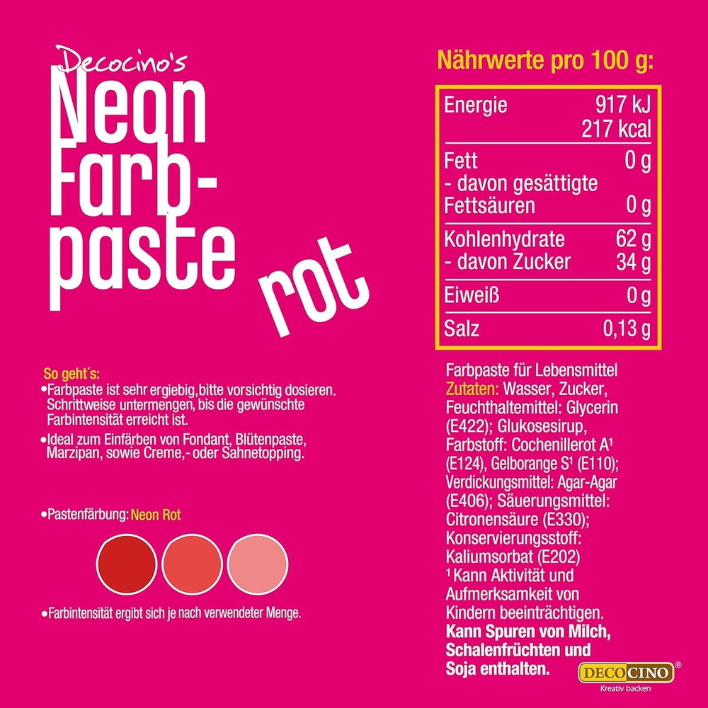 Decocino Neon Food Paste Rouge - Colorant alimentaire haute dose - Pour colorer gâteaux, muffins, cupcakes - Sans goût