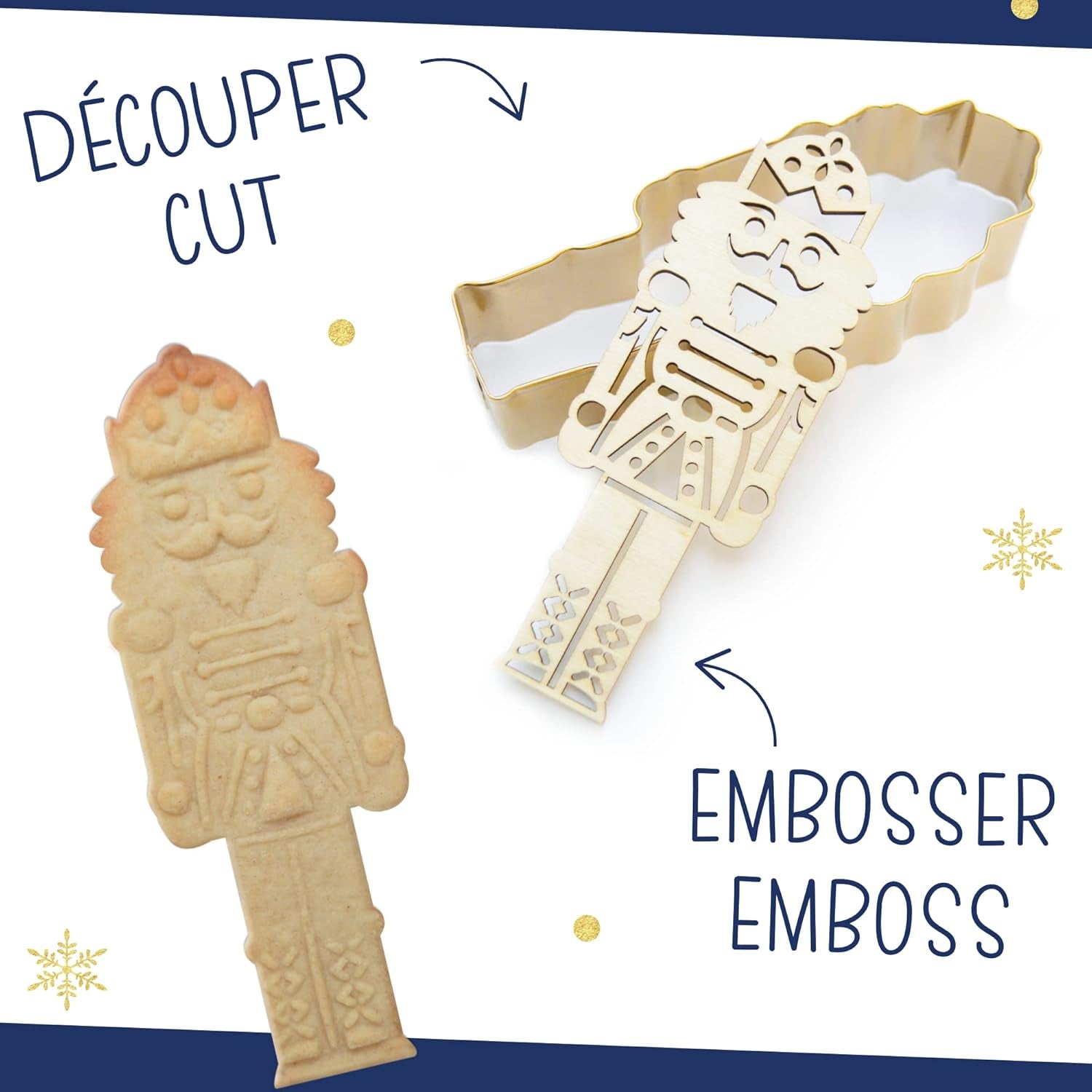 ScrapCooking - Set d'Emporte-pièces + Embosseur Casse-Noisette en Bois - Emporte-pièce de Noël en Acier Inoxydable pour Biscuits en Relief - Accessoire de Moule de Cuisson Sablé - Couleur Or - 2097