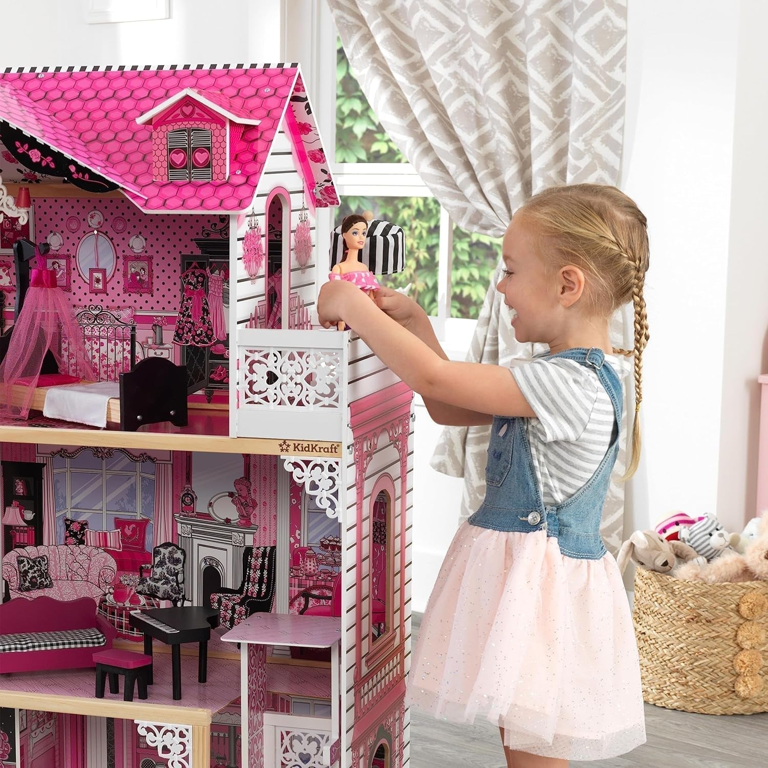 Casă de păpuși din lemn Kidkraft Amelia cu mobilier și accesorii, set de joacă cu balcon și lift pentru păpuși de 30 cm, jucărie pentru copii de la 3 ani, 65093 Casute de papusi Naty Shop