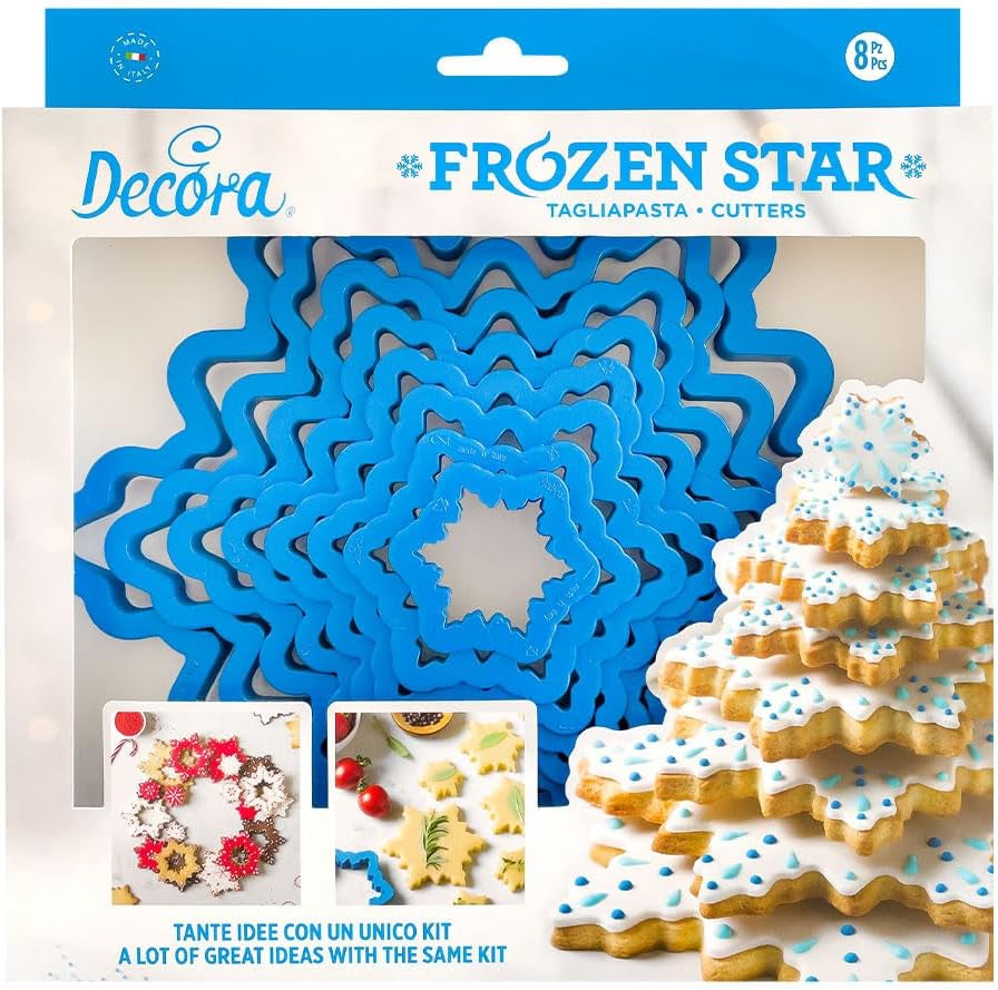 0255250 Lot de 8 emporte-pièces Ice Star Tree, en plastique, le set idéal pour les décorations en pâte à sucre ou gumpaste, fabriqué en Italie, design original. Paquet de 8 pièces.