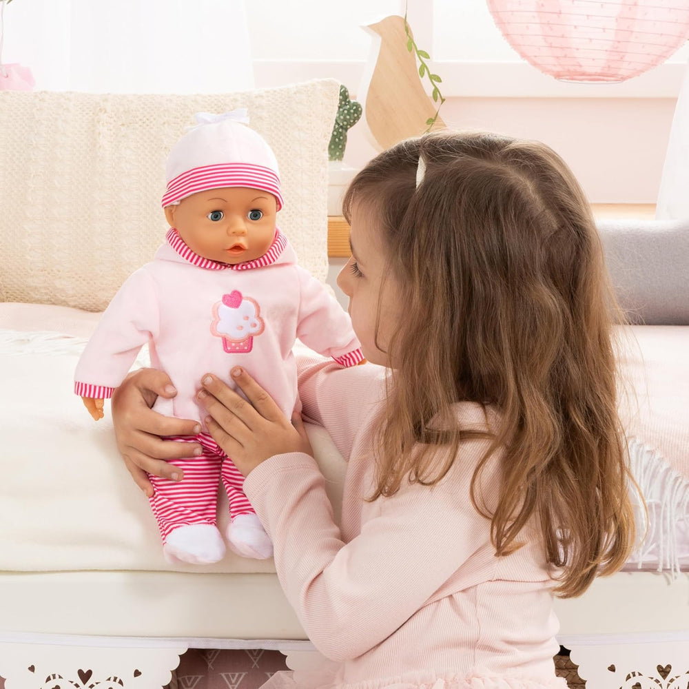 Babypuppe First Words mit Schlafaugen, spricht 24 Babylaute, mit Schnuller et Flasche, 38 cm, Rosa/Streifen