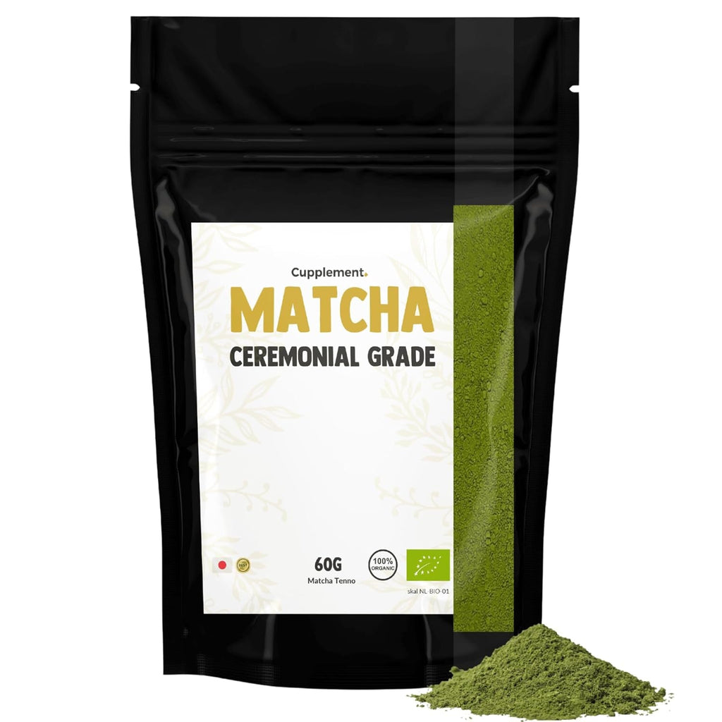 Cupplement Matcha 90 grame bio - Ceai verde pudră de cea mai înaltă calitate - Fără bătător de bambus și tel - Culunary - Set pentru începători - Latte - Bătător - Japonia - Pudră - Ceai - Tel - Pungă - Smoothie