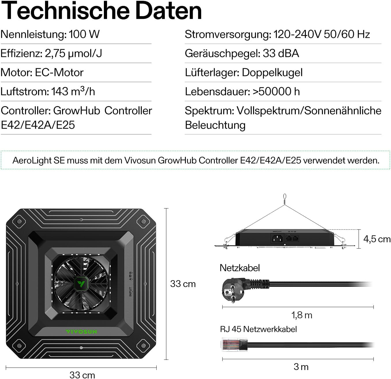 VIVOSUN Système de culture intelligent avec lampe LED AeroLight A100SE 100 W avec ventilateur de circulation intégré, ventilateur de conduit AeroZesh T4 100 mm 357 m³/h et contrôleur GrowHub E42A pour tentes de culture et culture en intérieur