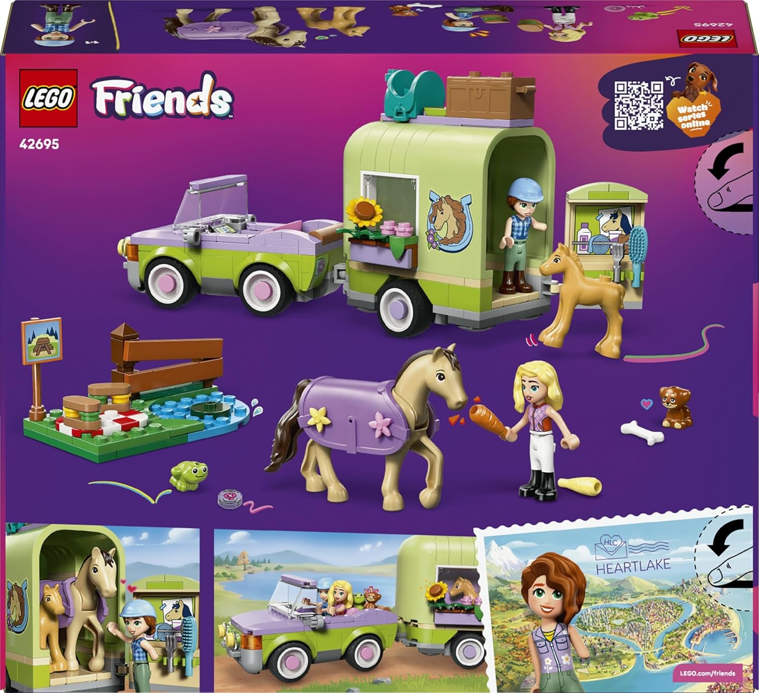 LEGO Friends Pferd and Fohlen mit Pferdeanhänger - Pferde Spielset mit Pflegezubehör, 4 Tierfiguren, Auto & 2 Mini Puppen - Geschenkeidee zum Geburtstag für Mädchen ab 7 Jahren - 42695