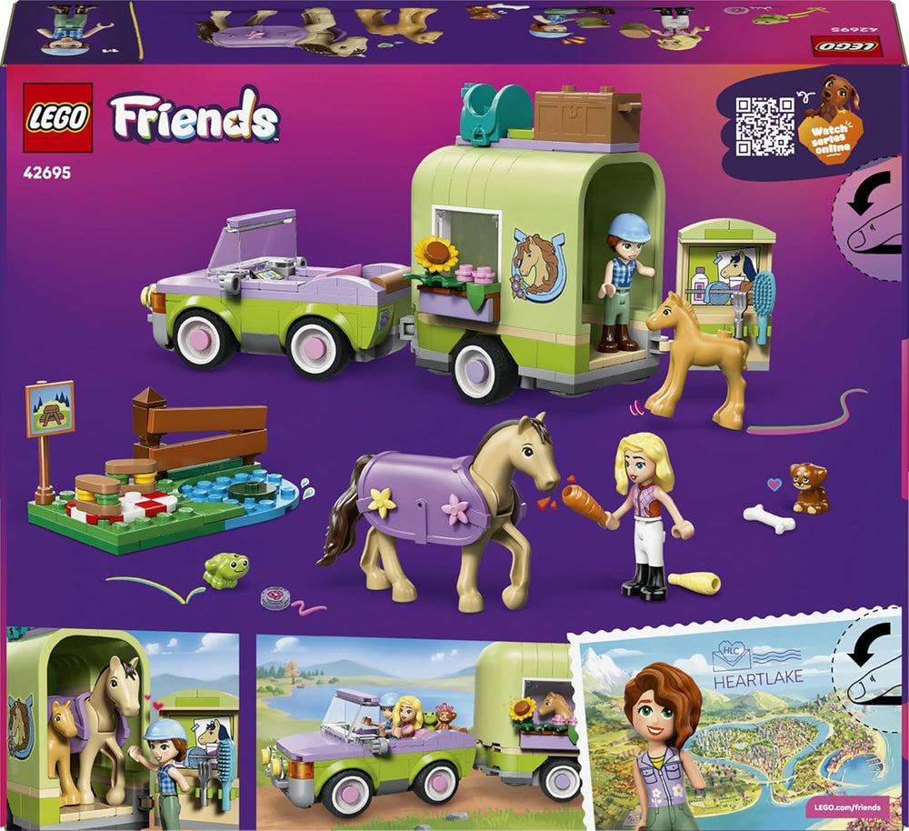 LEGO Friends Pferd and Fohlen mit Pferdeanhänger - Pferde Spielset mit Pflegezubehör, 4 Tierfiguren, Auto & 2 Mini Puppen - Geschenkeidee zum Geburtstag für Mädchen ab 7 Jahren - 42695