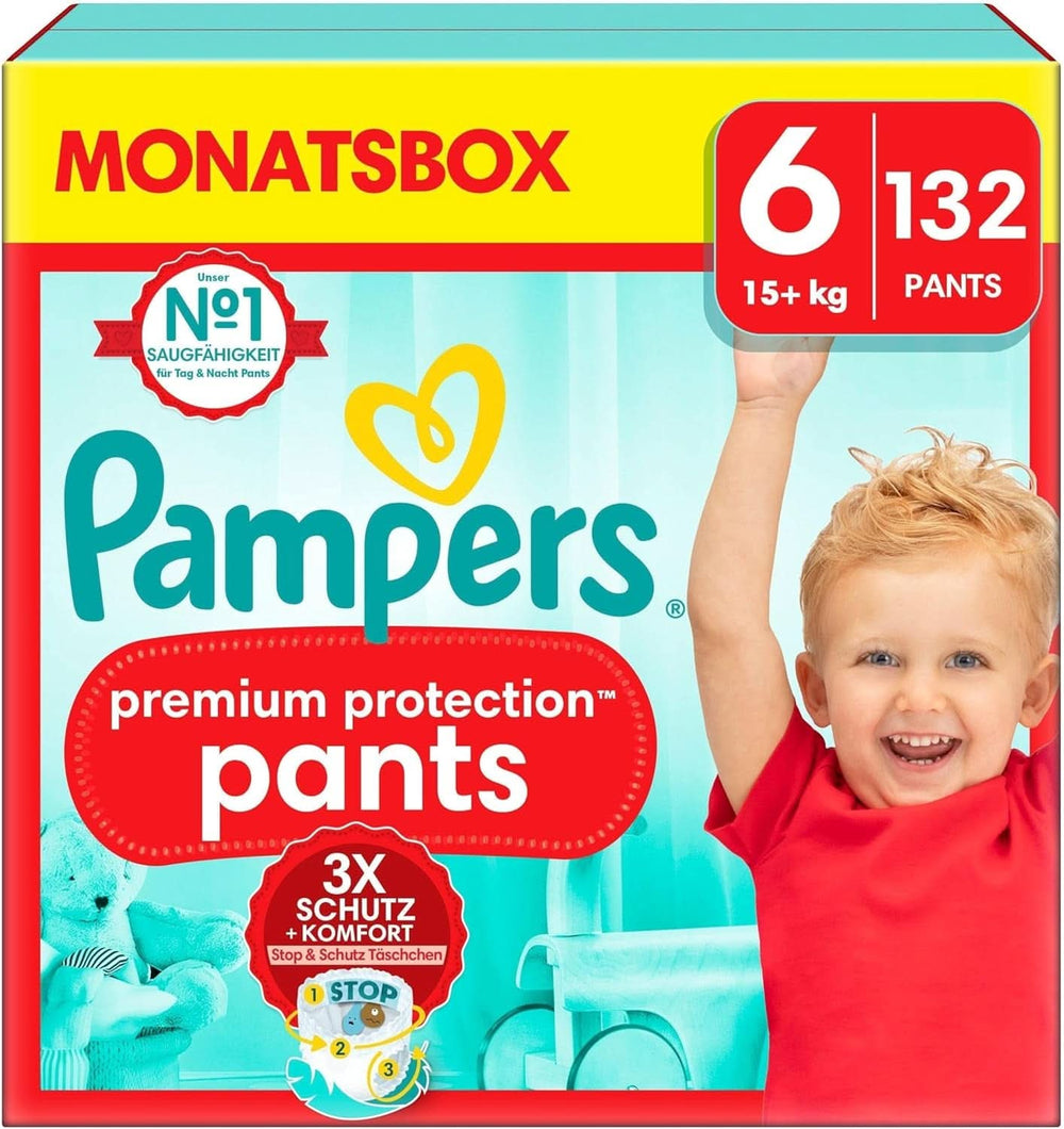 Couches Pampers pour bébé taille 5 (12-17Kg) Premium Protection, Junior avec poche Stop and Protect, 144 couches Panty Mère et Enfant Naty Shop 6 (132 pcs) Premium Protection Pants
