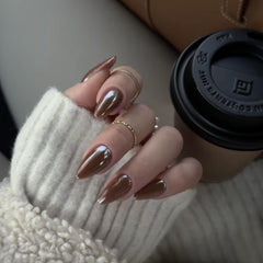 Ongles Chromés Autocollants - Colle Pailletée Brun Amande Moyen Sur Les Ongles Faux Ongles Pailletés Colle Sur Ongles Artificiels Ongles Acryliques Vernis Pour Femme 24 Pièces