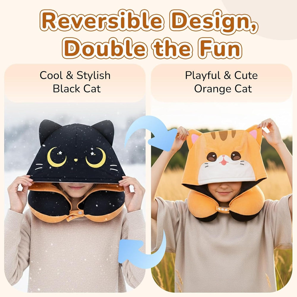 Pernă de călătorie Mewaii, pernă cu două fețe pentru adulți, pernă de gât din spumă cu memorie pentru avion, pernă de zbor reversibilă cu glugă pentru pisică, curea reglabilă