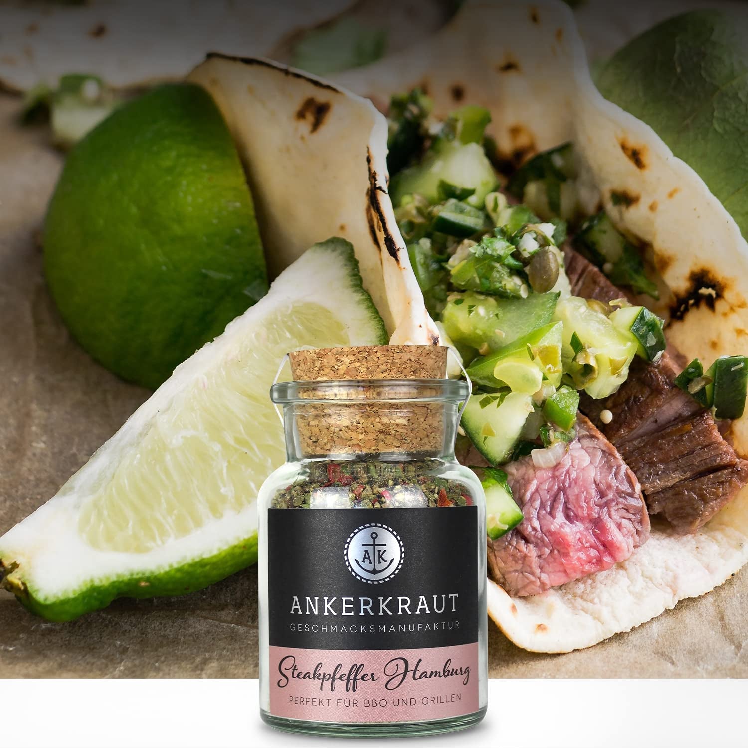 Ankerkraut Steakpfeffer Hamburg, Pfefferkörner Hausmischung, grober Steakhouse-Pfeffer, frische Note, Universal Allrounder, Lecker Kochen mit Qualität, 80 g dans Korkenglas