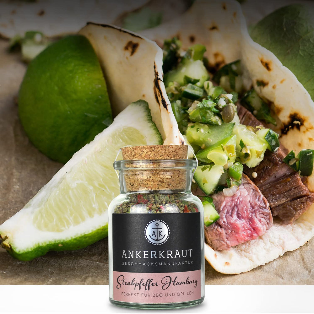 Ankerkraut Steakpfeffer Hamburg, Pfefferkörner Hausmischung, grober Steakhouse-Pfeffer, frische Note, Universal Allrounder, Lecker Kochen mit Qualität, 80 g dans Korkenglas