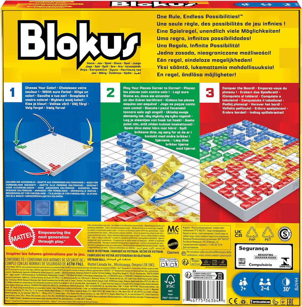 Mattel Games Blokus Game, joc de societate pentru familie, joc de strategie, pentru 2-4 jucători, joc de petrecere, vârste de la 7 ani în sus, BJV44