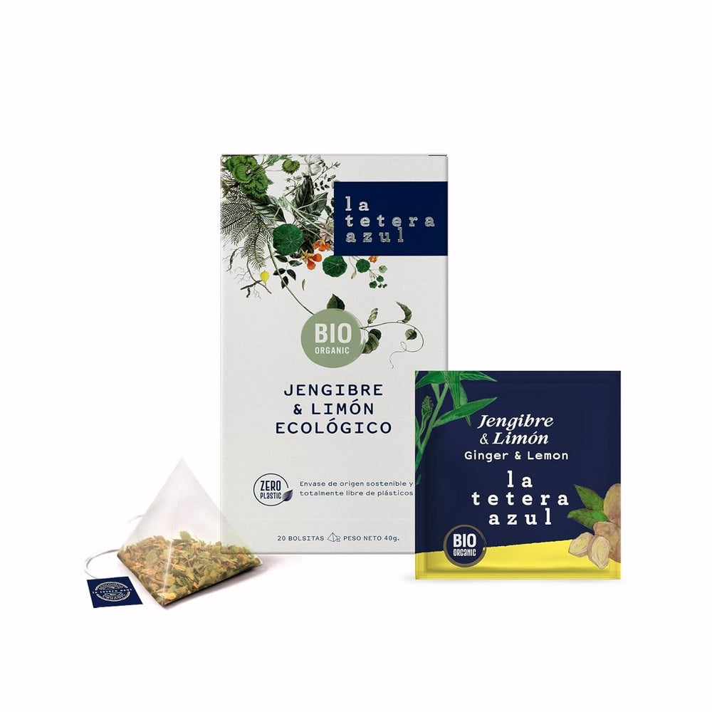 LA TETERA AZUL Infusion écologique de gingembre et de citron. Thé biologique pour perdre du poids en pyramides. Gingembre et citron. 20 pyramides.